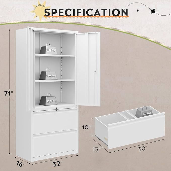 DEVAISE Metal Storage Cabinets for Home Office, 2 Drawers Lateral File Cabinets and Doors, 71" Filing Cabinet with Lock and Adjustable Shelves, White