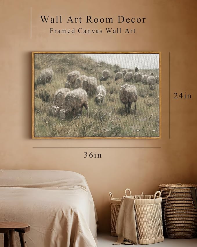 InSimSea Framed Canvas Wall Art Vintage Decor, Sheep on the Dunes Wall Pictures Farmhouse Wall Art, Large Hanging Wall Art Living Room Decor, Bathroom Bedroom Office Decor, 24"x36"
