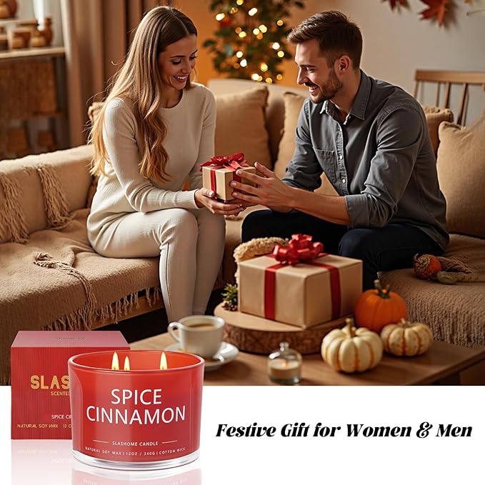 Cinnamon Spice Fall Candle, Large 3 Wick 12oz Luxury Candle, Elegant Autumn Gift for Women & Men, 60+ Hour Burn Time & Non-Toxic, Cozy Fall & Halloween Home Decor