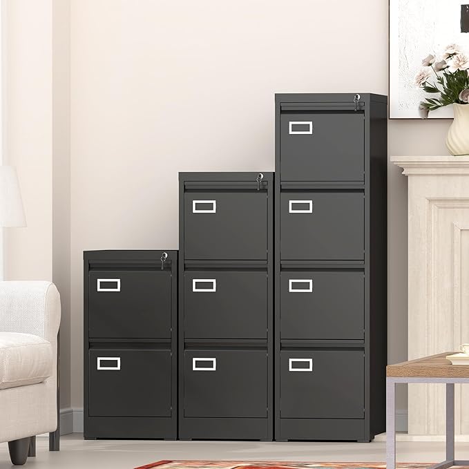 GREATMEET 4 Drawer File Cabinet with Lock, Small Metal File Cabinets for Home Office 4 Drawer, Black Vertical Filing Cabinets for Letter/Legal/A4/F4 Size File,Assembly Require