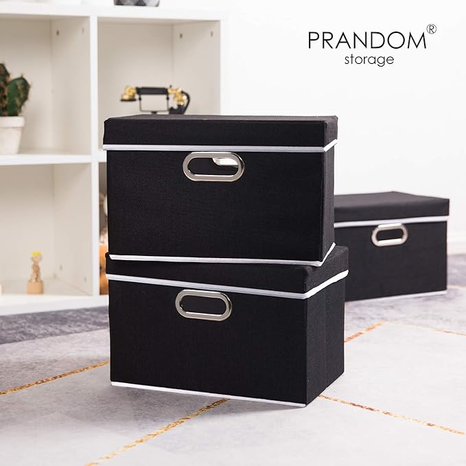 PRANDOM Foldable Storage Box with Lid [1-Pack] Fabric Collapsible Storage Bin Organizer Container Basket Cube with Cover for Home Bedroom Closet Office Nursery Black (14.9x9.8x9.8)