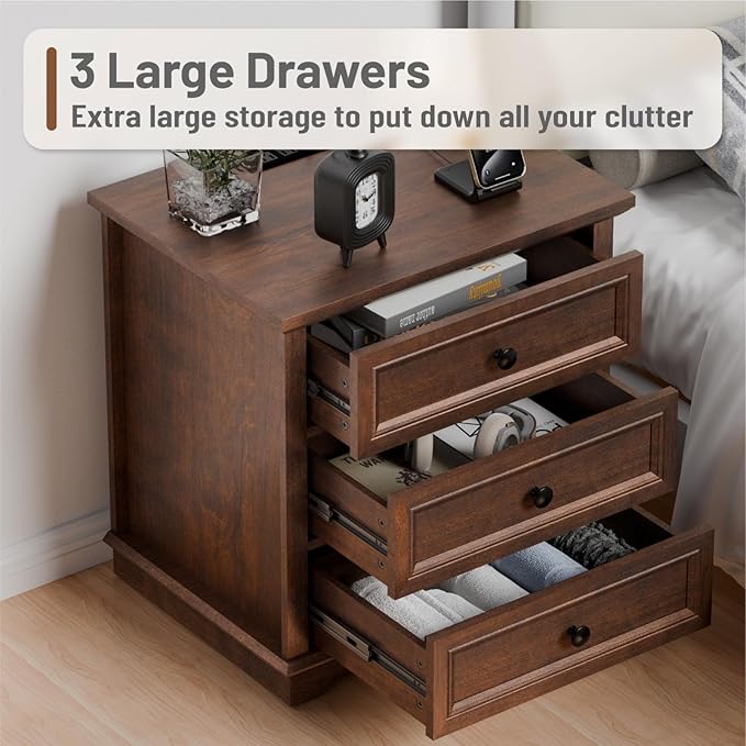 Nightstand with Charging Station Set, 24” Wide End Table with 3 Drawers Set of 2, Modern Bedside Table with Storage, Wood Small Dresser for Bedroom Living Room. (Cherry)