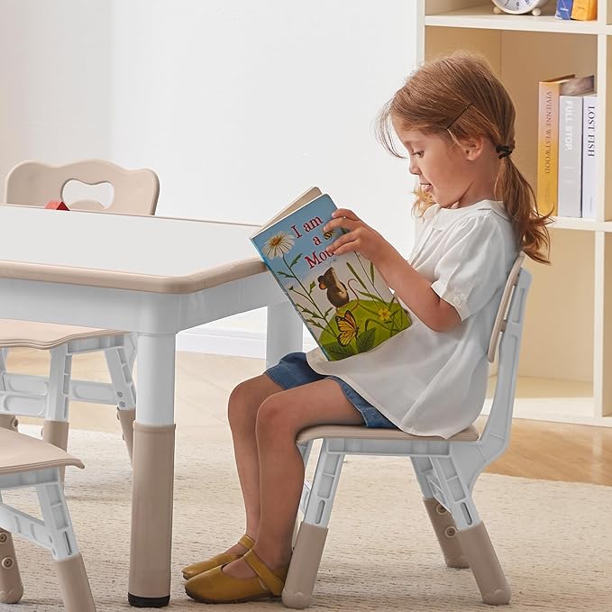 Height-Adjustable Kids Table and 4 Chairs Set, Toddler Table and Chair Set with Graffiti Desktop, 31.5''L x 23.6''W Children Activity Table for Daycare, Classroom, Home