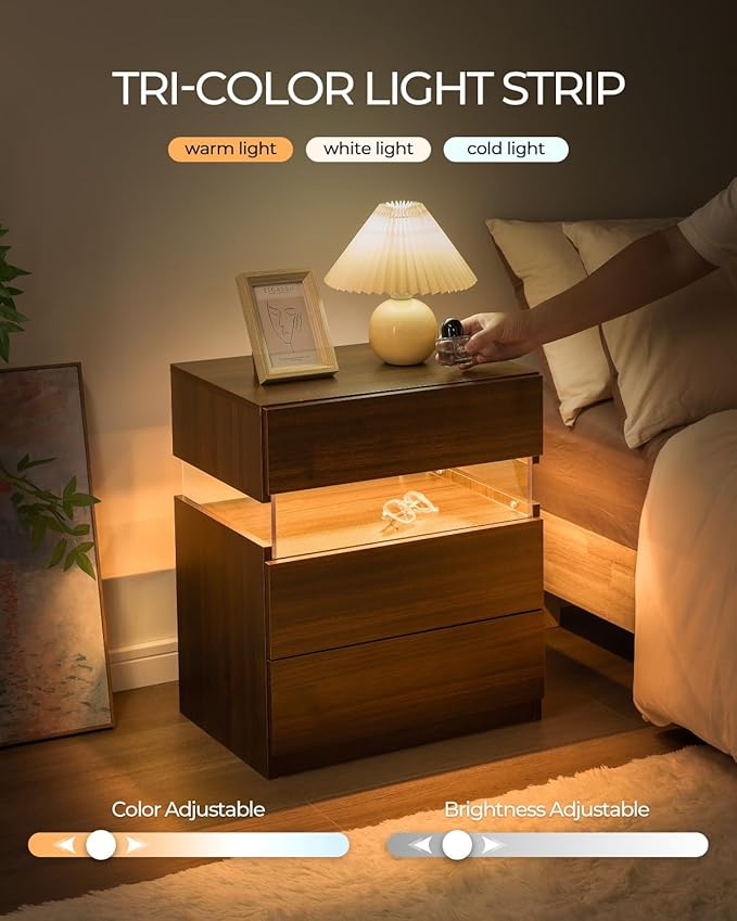 Bingoday Night Stand Set 2 Nightstands Set of 2 LED Bedside Tables with 3 Wood Drawers LED Modern Night Stand with Acrylic Board for Bedroom Living Room