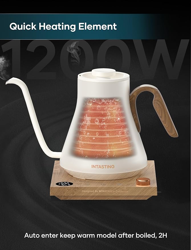 Electric Kettle, Gooseneck Electric Kettle, ±1℉ Precise Temperature Control, Stainless Steel Interior, Quick Heating for Pour Over Coffee, Tea & Boiling Water, 0.9L (Cream White)