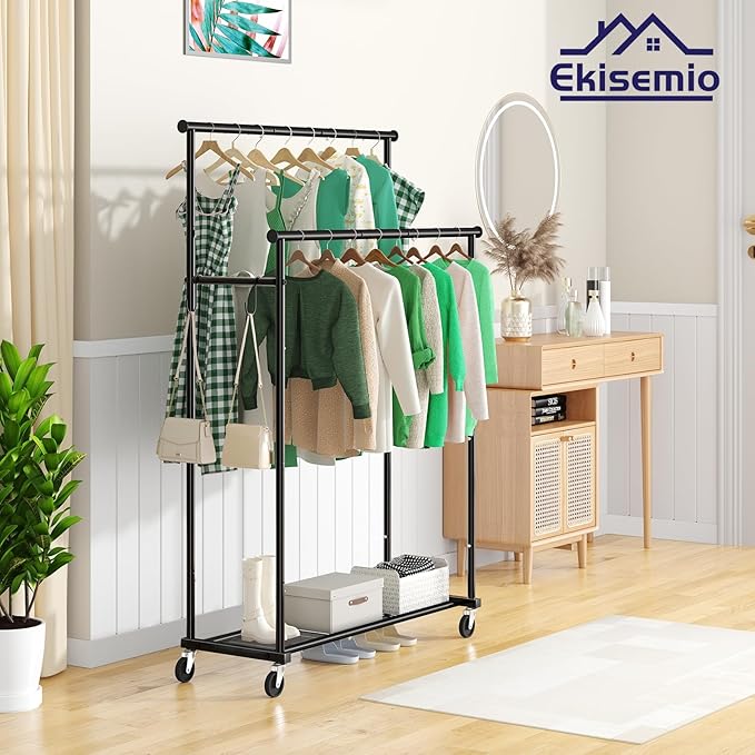 Double Rod Clothing Garment Rack on Wheels, 45 Inches Clothes Rack with Mesh Bottom Shelf for Hanging Clothes, Heavy Duty Metal Maximum Capacity 400 lbs, Black
