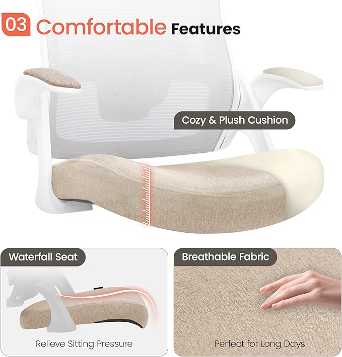 NEO CHAIR Office Desk Chair Computer High Back Mesh Gaming Seat with Ergonomic Adjustable Comfy Flip-up Armrests Lumbar Support Height for Home (Beige)