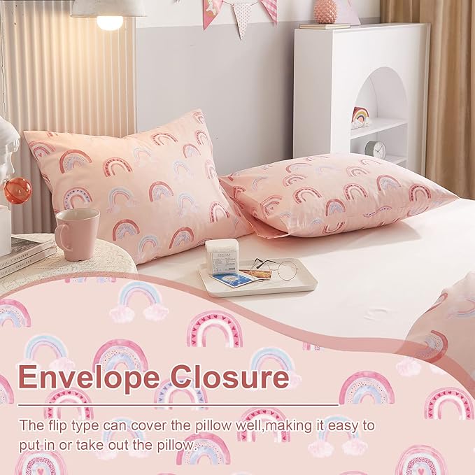 Ivellow Twin Duvet Cover Bed Set 100% Cotton Rainbow Pink for Girls Cute Kawaii Bedding Set 3 Pcs Ultra Soft Breathable Toddler Teen Kids Patterned Cartoon Comforter Cover.