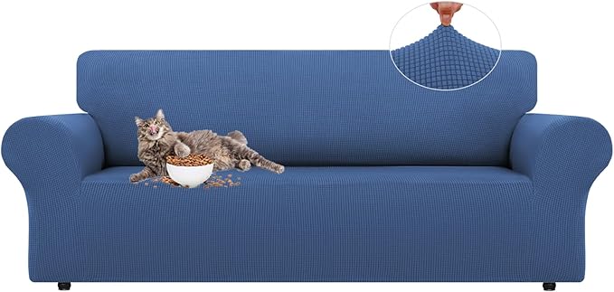 LURKA Stretch Sofa Slipcovers 1 Piece Couch Covers for 3 Cushion Couch Sofa Furniture Protector Full Sofa Covers with Elastic Bottom for Kids and Dog (Large, Blue)