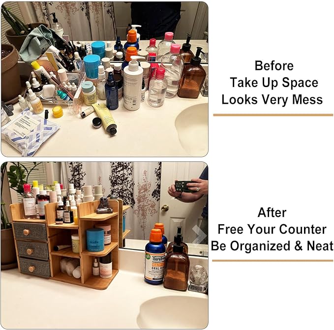 Makeup Organizer Countertop With Brush Holder For Vanity, Large Bamboo Bathroom Counter Organizers And Storage,Cosmetic Skincare Perfume Organizer With 3 Makeup Brush Holder/3 Drawer/7 Storage Shelves