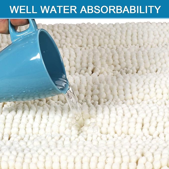 H.VERSAILTEX Bath Rugs for Bathroom Non Slip Bath Mats Extra Thick Chenille Striped Rug 20" x 32" Absorbent Non Skid Fluffy Soft Shaggy Washable Dry Fast Plush Mat for Indoor, Bath Room, Tub - Cream