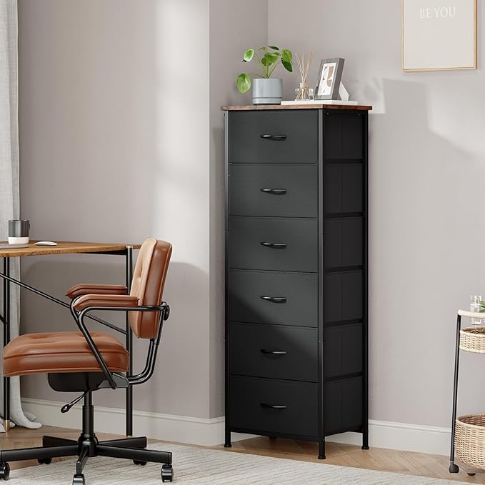 Somdot Tall Dresser for Bedroom with 6 Drawers and Side Pockets, Storage Organizer Chest of Drawers with Fabric Bins for Closet Bedside Nursery Living Room Entryway Hallway, Black Rustic Brown