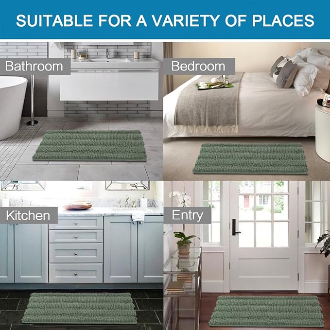 H.VERSAILTEX Bathroom Rug Set Bath Mats, 2 Piece Bath Mats Non Slip Thick Soft Chenille Striped Bath Rug Set, Bath Mats for Bathroom Sets (Green Bay, 20" x 32"/17" x 24")