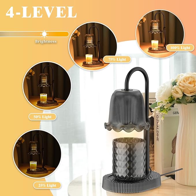 Candle Warmer Lamp with Adjustable Height - Flameless 4-Level Dimmable Wax Warmer, Timer Function & Stylish Design in Multiple Colors（Black）