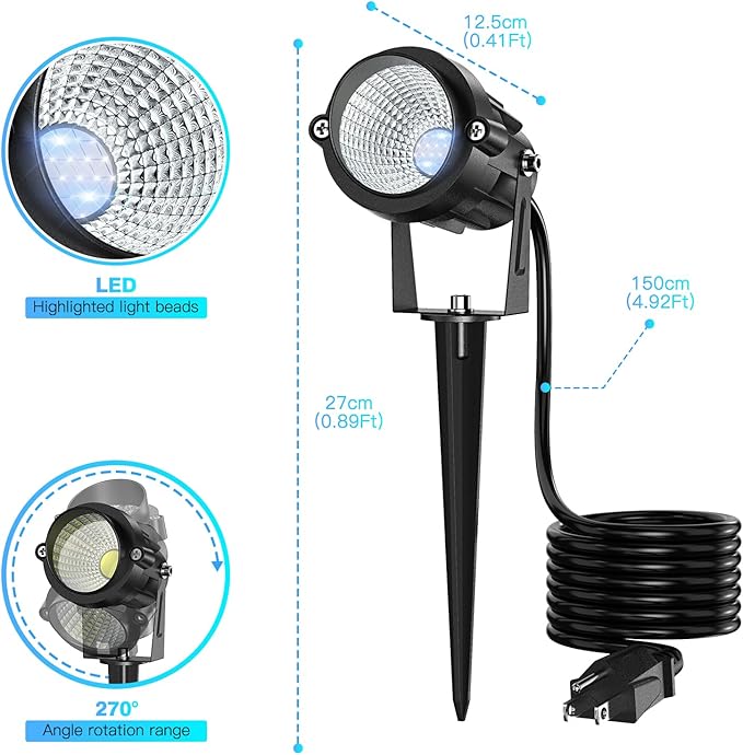 High Brightness 1000LM Outdoor Spot Lights for Yard, 6500K Daylight Spot Lights Outdoor with 4.9FT Electric Cord, 10W LED IP66 Waterproof Landscape Spotlights for Garden Tree Flag - 4 Pack