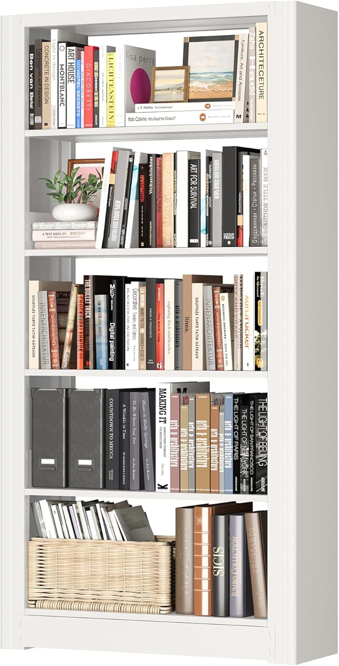 Book Shelf,5-Tier White Bookshelf, Office Bookcases and Bookshelves,Tall Metal Storage Organizer,Freestanding Bookshelf for Library,Living Room,Home Office (W:27.6")