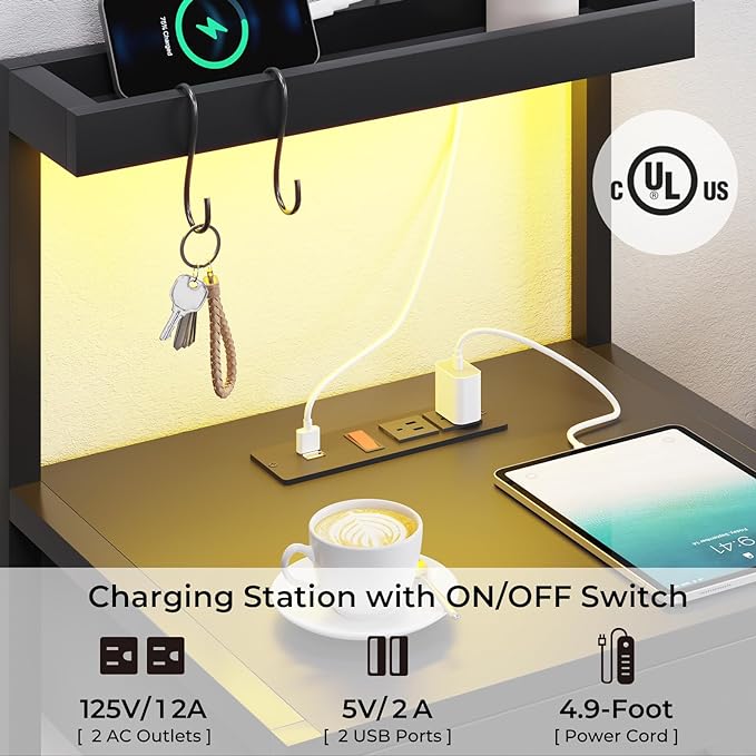 VIAGDO Led Nightstand with Charging Station, 3 Drawers Night Stands with Led Lights, Black Bedside Tables with Storage Shelves, Modern End Side Tables for Bedroom, Office