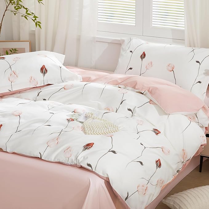 SAPHREAS Pink Red Rosebud Floral Duvet Cover Set King Size 3pcs Botanical Flower Soft Bedding Comforter Cover Set 100% Cotton 1 Duvet Cover 104"x90" 2 Pillow Shams, Comforter Not Included