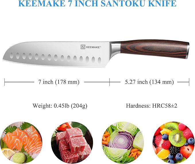 KEEMAKE Chef Santoku Knife: 7 Inch Ultra Sharp Kitchen Knife with Stainless Steel Blade Japanese Knife for Cooking Meat Fruit Vegetable, with Ergonomic Pakkawood Handle and Gift Box Included