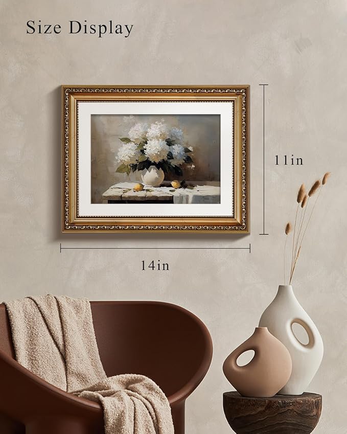 VIYYIEA Gold Framed Wall Art, Hydrangea Canvas Print Home Decor Vintage Art Painting Picture Bathroom Wall Decor, Flowers Artwork for Living Room Bedroom Kitchen Office - 14L x 11W