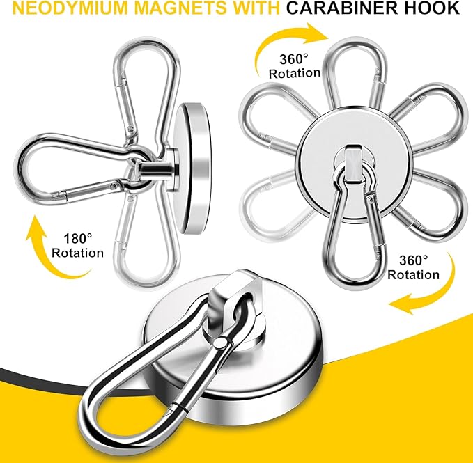 DIYMAG Magnetic Hooks,150LBS Strong Heavy Duty Neodymium Magnet Hooks with Swivel Carabiner Hook,Great for Your Refrigerator and Other Magnetic Surfaces, Pack of 4
