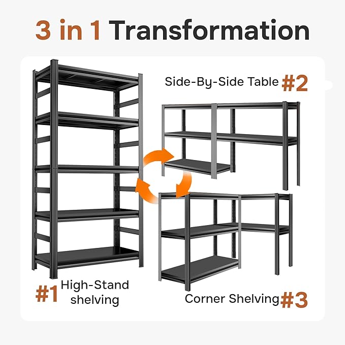 40" W Metal Garage Shelving Unit 3500LBS Metal Storage Shelves 5 Tier Adjustable Shelving Unit Garage Shelves for Kitchen Warehouse Pantry Basement, 71.2" H x 40" W x 17.7" D, Black