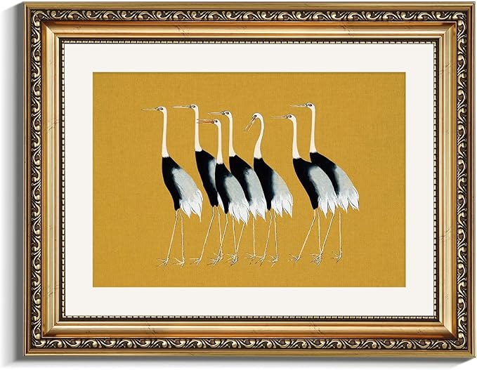 VIYYIEA Gold Framed Wall Art Canvas Print Home Decor, Vintage Cranes Wall Art for Living Room, Vintage Animal Oil Painting Picture, Print Framed Home Decor, Bathroom Wall Decor Seven Cranes 11x14in