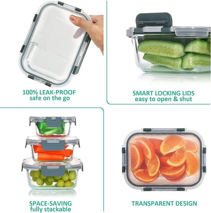24 Pieces Glass Food Storage Containers Set,Glass Meal Prep Containers-Stackable Airtight Glass Storage Containers with lids,Freezer, Microwave, Oven Safe,Gray