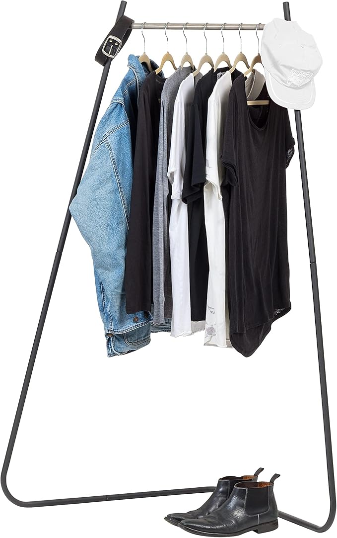 IRIS USA Stylish Corner Clothes Rack for Hanging Clothes, Easy to Assemble, Freestanding Metal Sturdy Garment Rack, Small Space Storage Solution, Modern Versatile Design, Boutique Style, Black