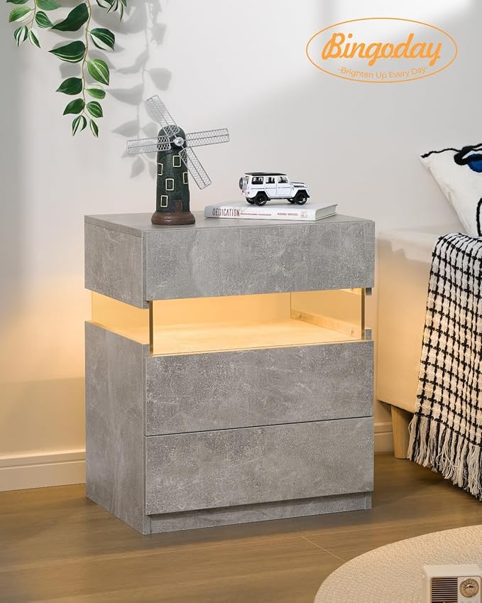 Bingoday LED Nightstands Set of 2 LED Bedside Tables with 3 Drawers Modern Night Stand with Acrylic Board Night Stand Set 2 for Bedroom