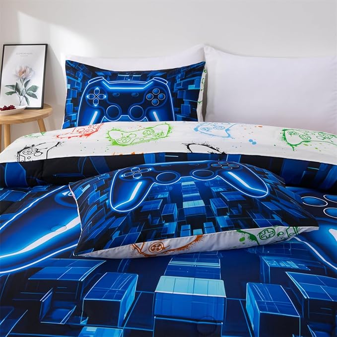 NTBED 5pcs Game Console Comforter Set for Boys Girls Kids Block Lightweight Microfiber Bedding Sets (Blue, Full)