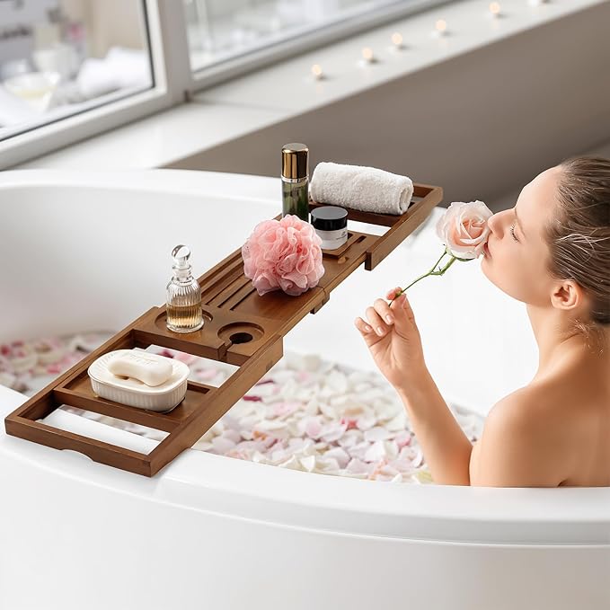 Teak Bathtub Tray Expandable Bathroom Tray for Home Spa Relaxation, Wooden Tray Caddy for Bathtub, Teak Bathtub Caddy as Unique Housewarming, Birthday, Wedding Shower Gifts (Light Walnut)