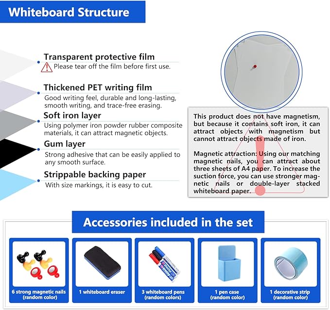 Magnetic Dry Erase Whiteboard Paper with Adhesive, 24" x 12" White Board Film for Wall, Easy to Write and Clean Dry Erase Board for Office, Classroom, Home, Include Marker, Magnetic Eraser and Magnets