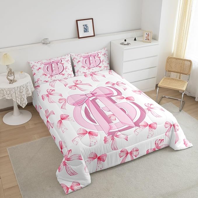 jejeloiu Kids Girls Cute Pink Bow Comforter Set King Size Monogrammed Bedding Set Ultra Soft Personalized Initial G Duvet Quilt Coquette Bow Knot Quilt Set Room Decor Modern Fashion Comforter