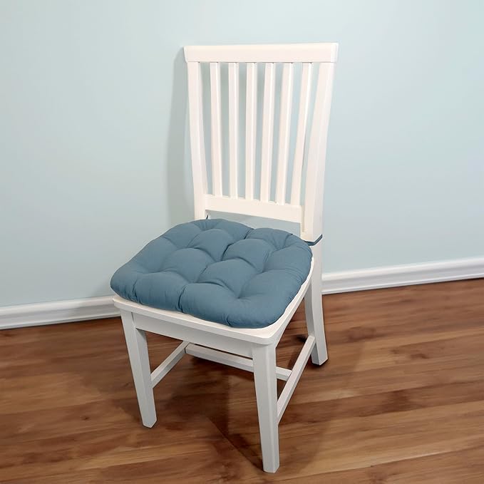 Barnett Home Decor Cotton Duck Bluebell Dining Chair Pad with Ties - 15 x 17 Size Small Chair Cushion - Latex Foam Fill - Machine Washable 100% Cotton, Made in USA (Colonial Blue/Small)