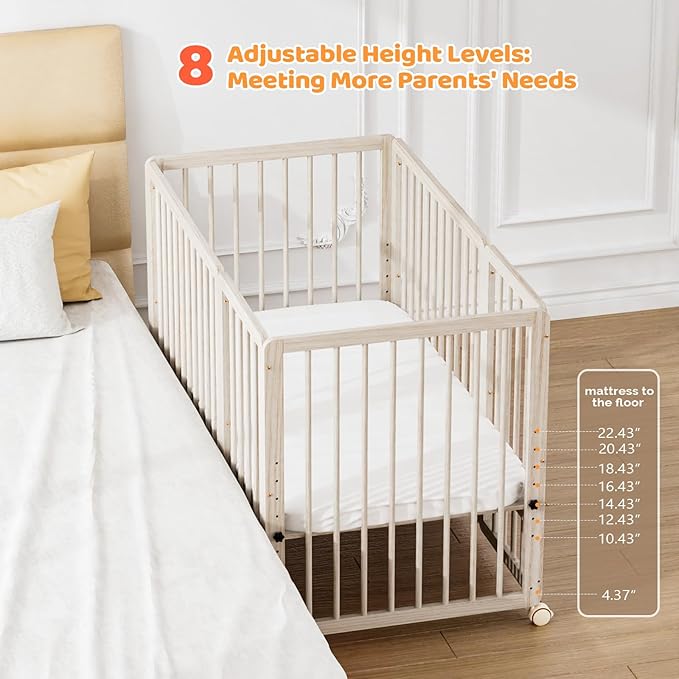JOYMOR 8 in 1 Convertible Crib with Changer, Include 2” Mattress, Converts to Bassinet, Mid Crib, Full Size Crib, Daybed,Toddler Bed and Playard (Crib, Washed Natural)