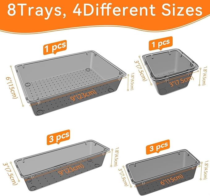 WOWBOX 8 PCS Clear Plastic Drawer Organizer Set, 4 Sizes Desk Drawer Organization and Storage Containers for Makeup, Cosmetics, Jewelry and Gadgets in Kitchen, Bathroom, Bedroom, Office, Clear Black