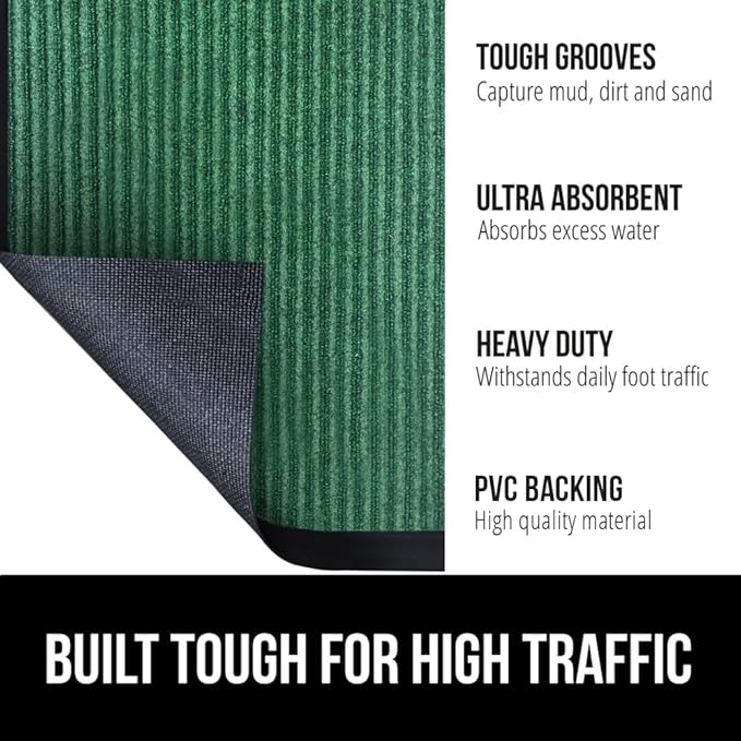 GORILLA GRIP Traffic Guard Door Mat, 60x36, Heavy Duty Welcome Mats, Commercial Office Space Doormat, Waterproof, Fade Resistant, Strong Rubber Backing, Low Profile, Shoe and Boot Scraper, Green