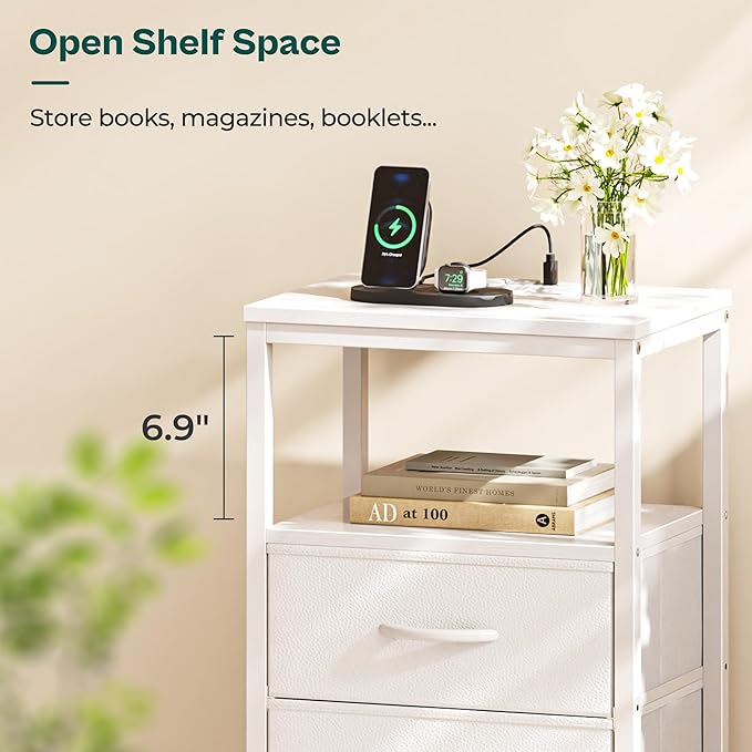 Huuger Nightstands Set of 2, End Tables with Charging Station, Side Tables with Fabric Drawers, Bedside Tables with USB Ports and Outlets, Night Stands for Bedroom, White