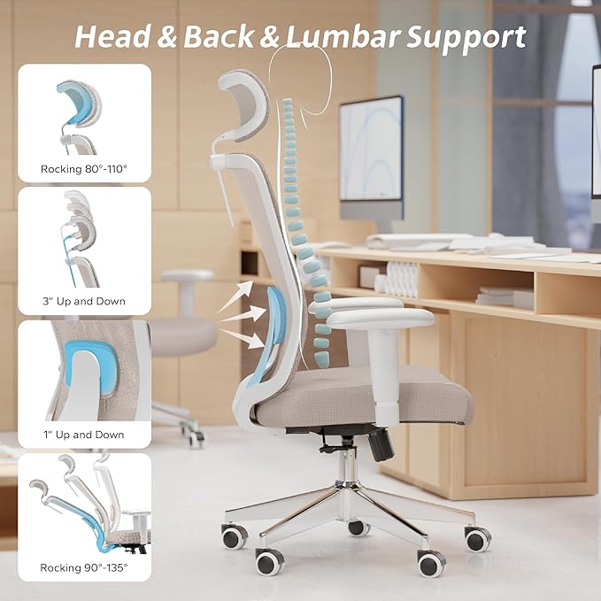 Ergonomic Office Chair, Mesh Desk Chair with Adjustable Headrest and 2D Armrest，Computer Chairs with Lumbar Support, Big and Tall Office Chair 400lbs, Large (01khaki)
