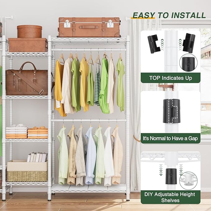 LEHOM G6 Wire Garment Rack Heavy Duty Clothes Rack Compact Large Size Armoire Storage Rack Freestanding Metal Clothing Rack Closet Wardrobe with 3 Hanger Rod and 4 Large Shelves 4 Small Shelves, White