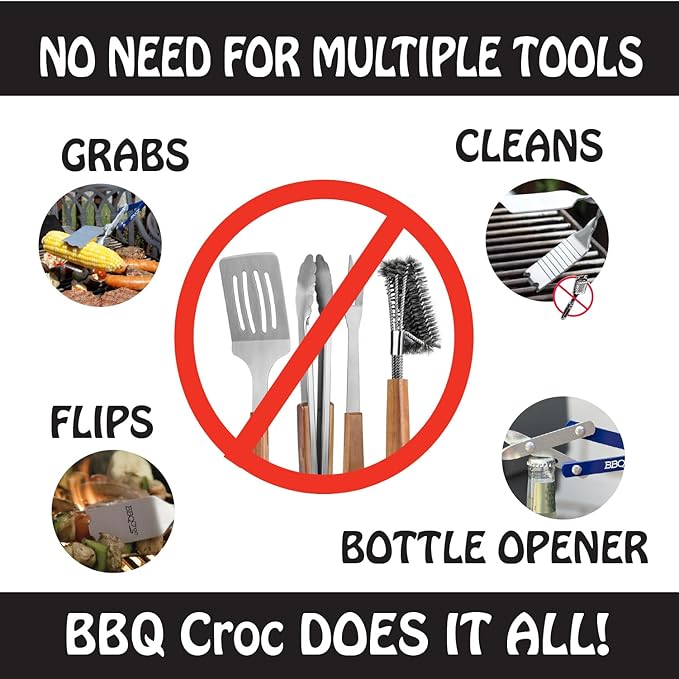 BBQ Croc 3 in 1 Barbecue Tool 18-inch - Lightweight and Long Tongs, Spatula and Grill Scraper (Blue) (18 inch Without Flashlight)