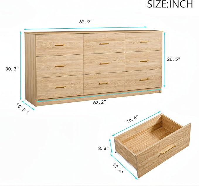 9 Drawer Dresser for Bedroom,63'' Long Dresser with Deep Drawer,Modern Wood Chest of Drawer, Bedroom Storage Furniture,TV Stand for Living Room