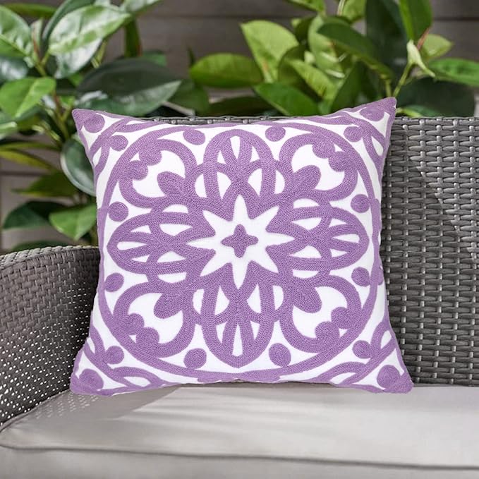 Alysheer Embroidered Decorative Throw Pillow Cover 18"x 18", Boho Mandala Modern Thick Embroidery Pattern Durable Cotton Canvas Soft Cushion Case for Sofa Couch Bed Living Room (Lilac Lavender)