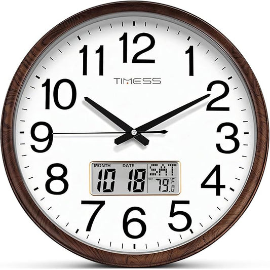 Wall Clock, Classic Wood Style Finish, 11 Inch Non-Ticking Silent Battery Operated Quartz Analog with Perpetual Calendar and F° Temperature Display, Home, Office Décor (Wood Brown)