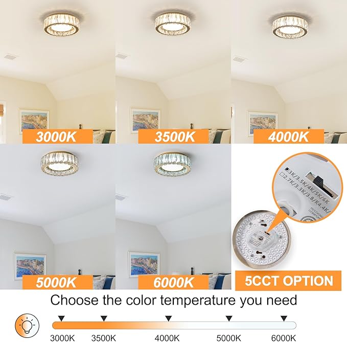 Dimmable Modern Luxury Crystal LED Flush Mount Ceiling Light,11 Inch 24W/5CCT 3000K-6000K Gold Small Close to Ceiling Lighting Fixtures for Kitchen,Entryway,Laundry Room,Porch