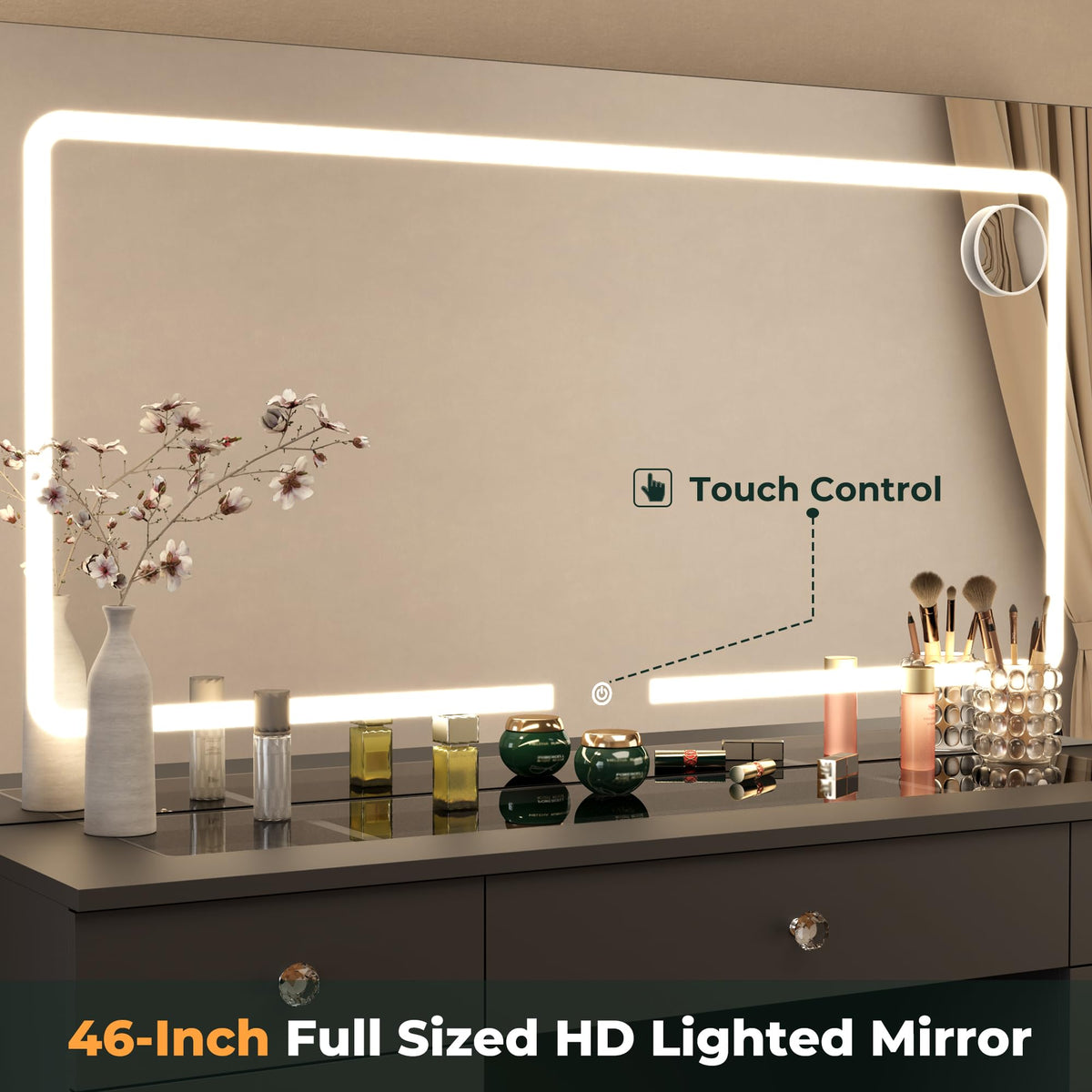 Furnivado Vanity Mirror with Lights, Black Vanity with Lighted Mirror, 11 Drawers Makeup Vanity Desk with 3 Lighting Modes Adjustable Brightness, Vanity with Glass Top for Bedroom