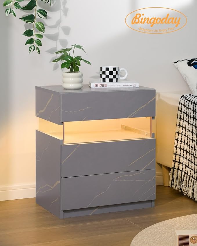 Bingoday LED Nightstands LED Bedside Tables with 3 Drawers Night Stand with Acrylic Board Modern LED Nightstand
