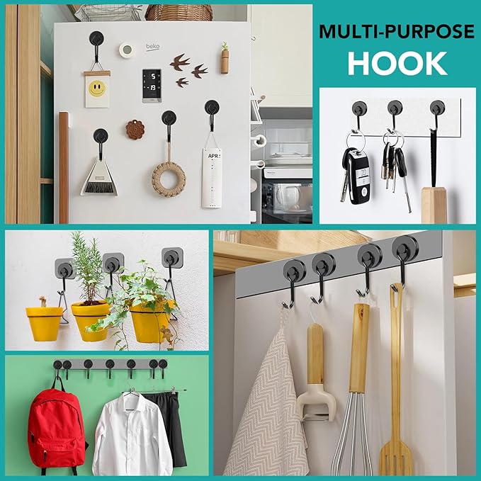 DIYMAG Black Magnetic Hooks, 80LBS Strong Magnetic Hooks Heavy Duty, Strong Magnet Hooks with Metal Hanger for Hanging Refrigerator Home Kitchen Office, 4Pack
