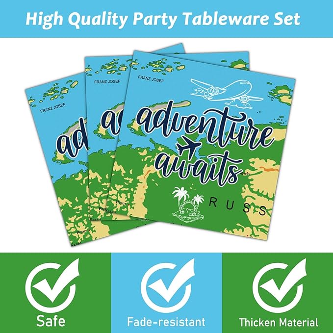 Wiooffen Adventure Awaits 96 Pcs Travel Map Party Supplies - 24 Guests - Blue, Word Map Plates, Napkins, Forks - Birthday Party Decoration